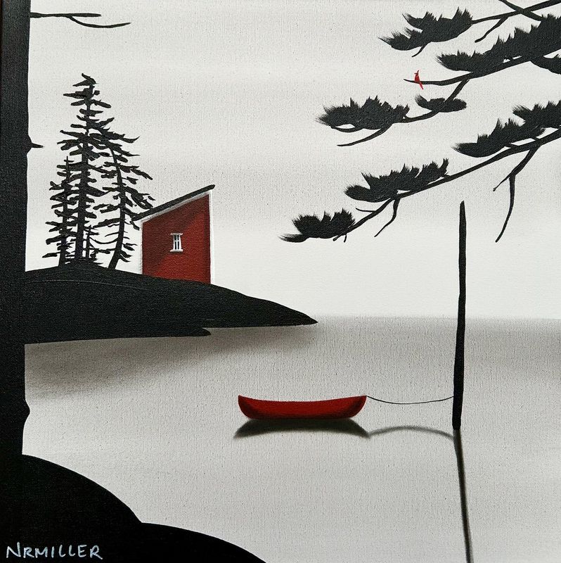 Natasha Miller Saint John New Brunswick Canada Handworks Acrylic Charcoal Painting Landscape Boat Canoe Island Cabin Bunkie
