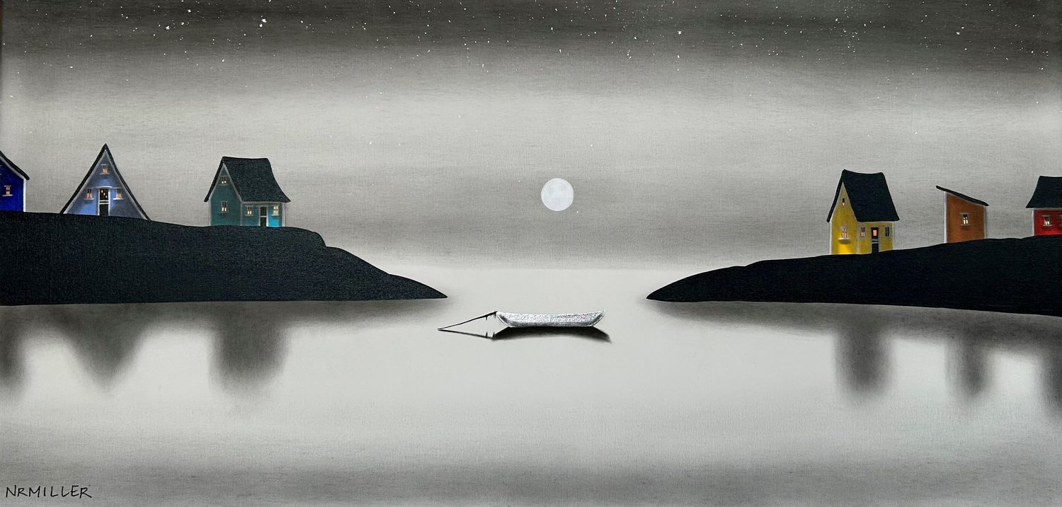 Natasha Miller Saint John New Brunswick Canada Handworks Acrylic &amp; Charcoal Painting Landscape Seascape Boat Island Moon 