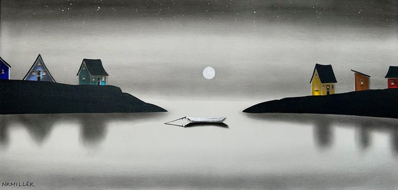 Natasha Miller Saint John New Brunswick Canada Handworks Acrylic &amp; Charcoal Painting Landscape Seascape Boat Island Moon 