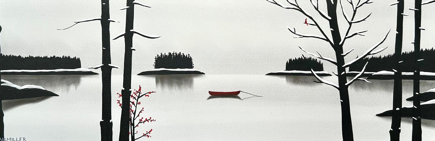 Natasha Miller Saint John New Brunswick Canada Handworks Acrylic Charcoal Painting Landscape Seascape Boat Canoe Island Snow