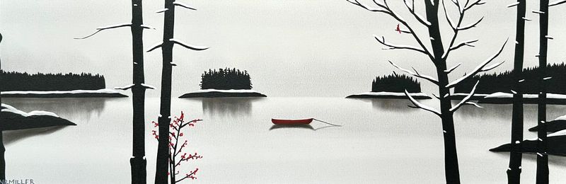 Natasha Miller Saint John New Brunswick Canada Handworks Acrylic Charcoal Painting Landscape Seascape Boat Canoe Island Snow