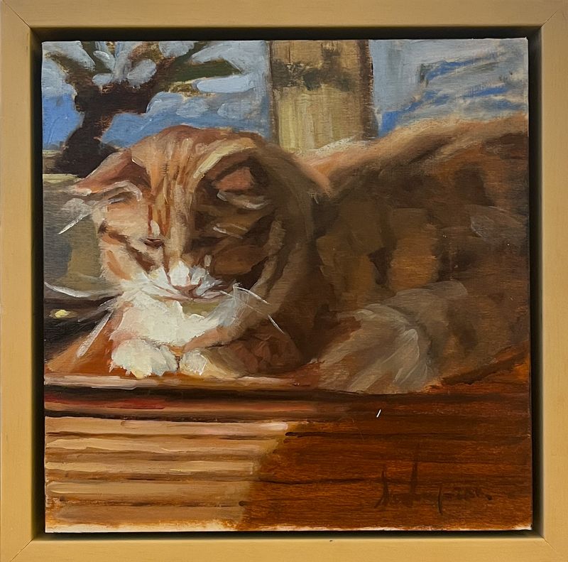 "Safe from the Dog" 8x8" Oil Framed 9.5x9.5"