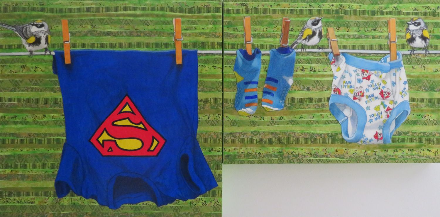 &quot;Nana&#39;s Clothesline IV&quot; Diptych (2 Canvas&#39;) 16x16, 12x16&quot; Mixed Media on wooden Canvas