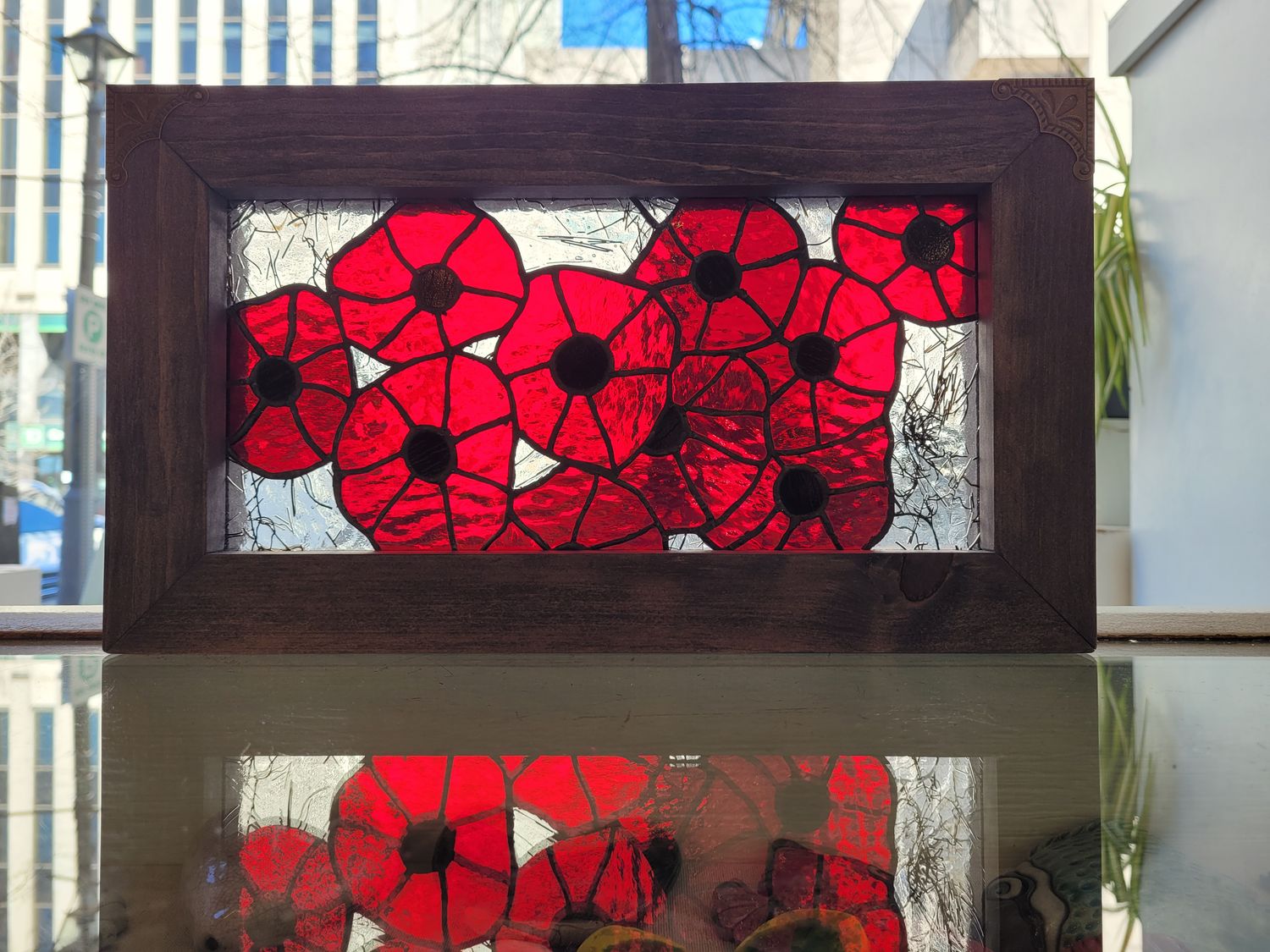 Denis Eve Saint John New Brunswick Canada Handworks Canadian Artist Stained Glass Framed Forever Flowers Birdseye Poppies 