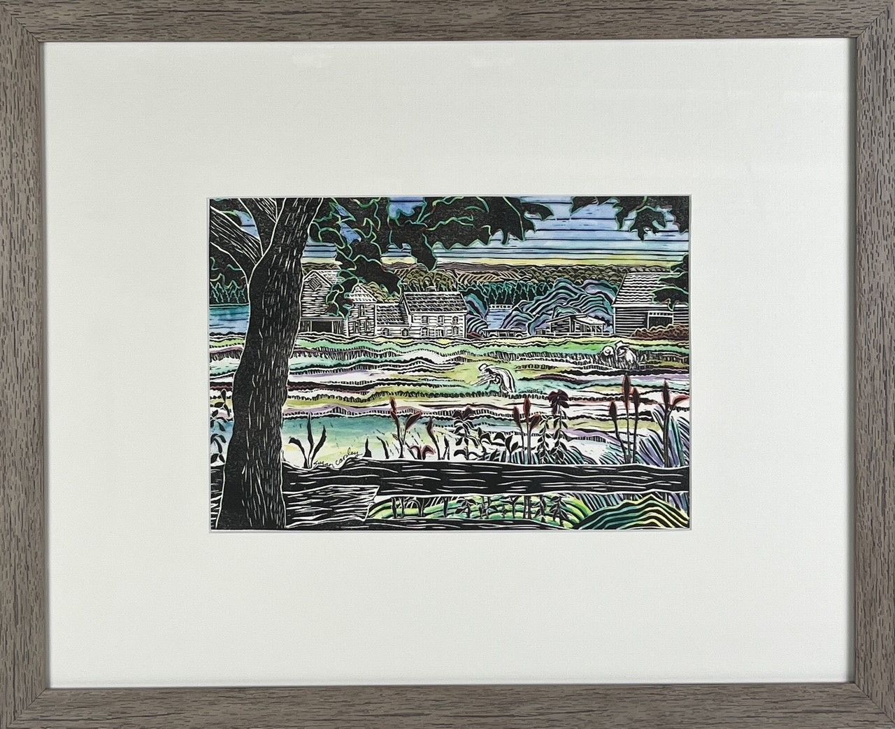 &quot;Harvest Time/Joslin Farm- Kings Landing&quot; 8x11.75&quot; Linocut &amp; Watercolor 16x20&quot; Framed