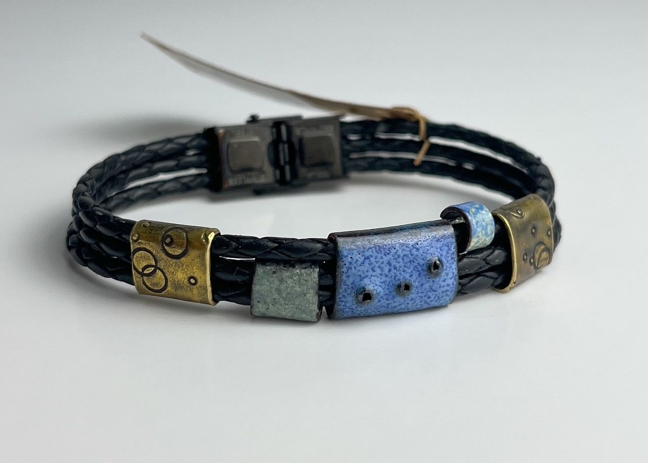 Leather Bracelet made with Fused Glass &amp; Mixed Metals