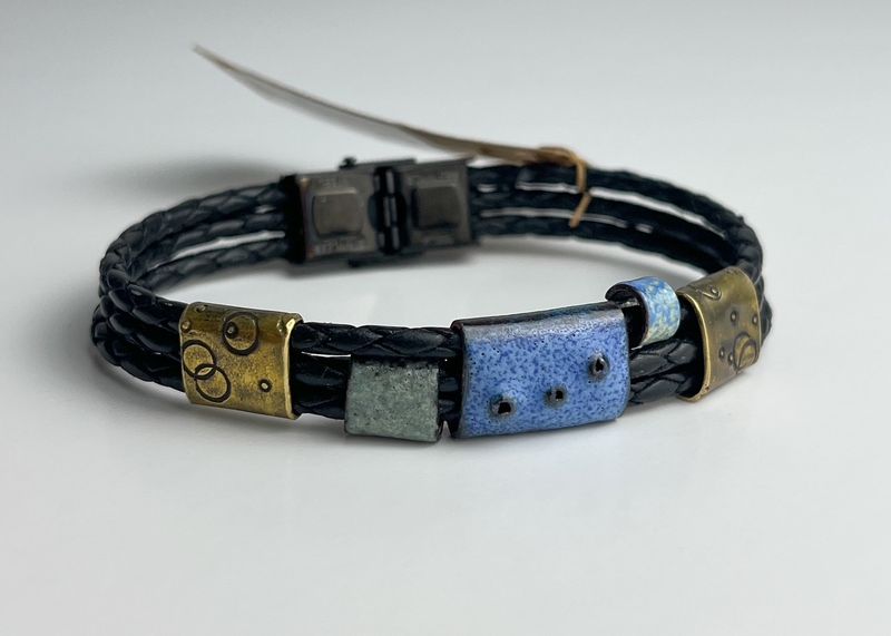 Leather Bracelet made with Fused Glass & Mixed Metals