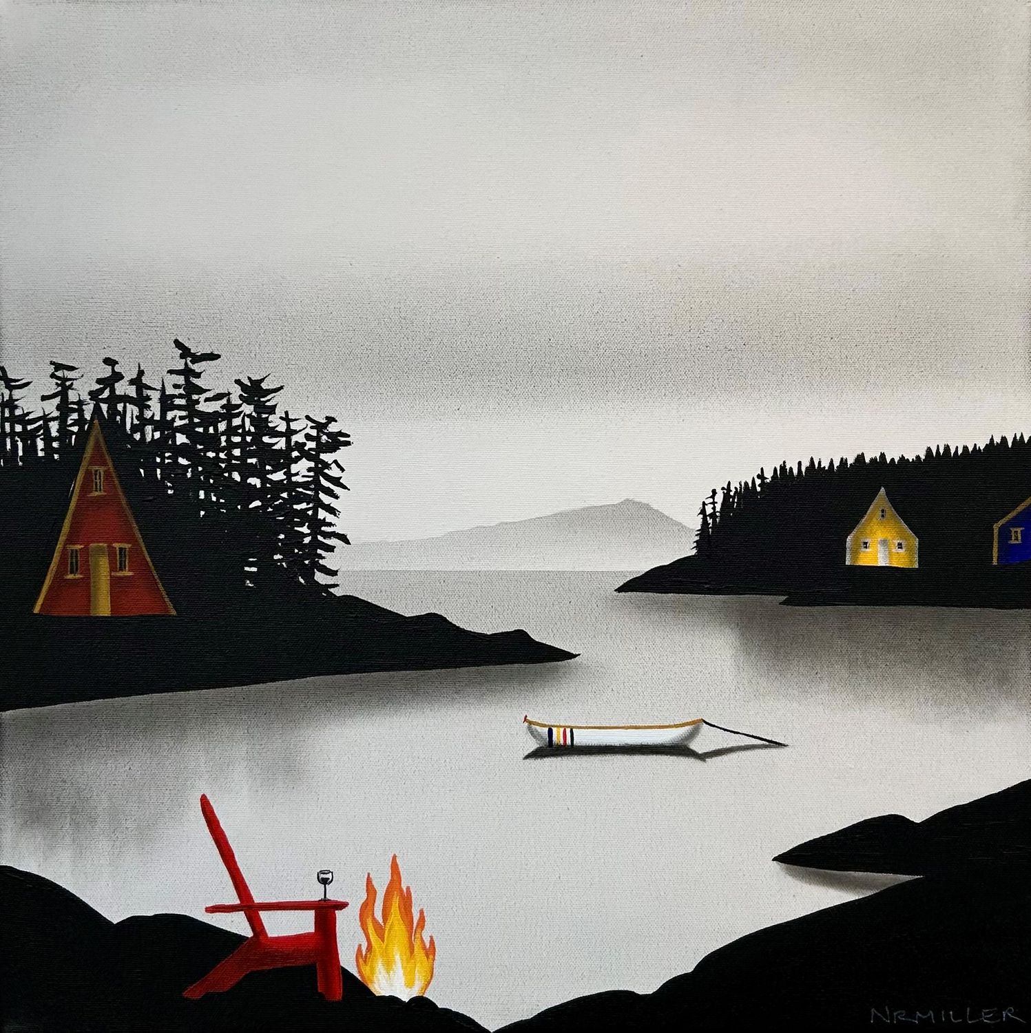 Natasha Miller Saint John New Brunswick Canada Handworks Acrylic &amp; Charcoal Painting Landscape Cabin Fire Chair Beach Islands