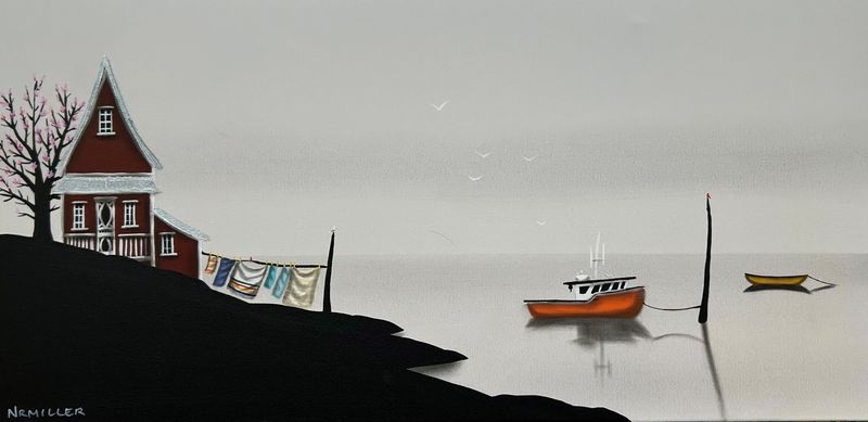 Natasha Miller Saint John New Brunswick Canada Handworks Acrylic &amp; Charcoal Painting Landscape Fishing Boat Islands Water 