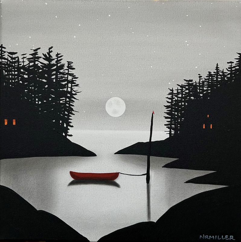 Natasha Miller Saint John New Brunswick Canada Handworks Acrylic &amp; Charcoal Painting Landscape Beach Canoe Boat Islands Moon