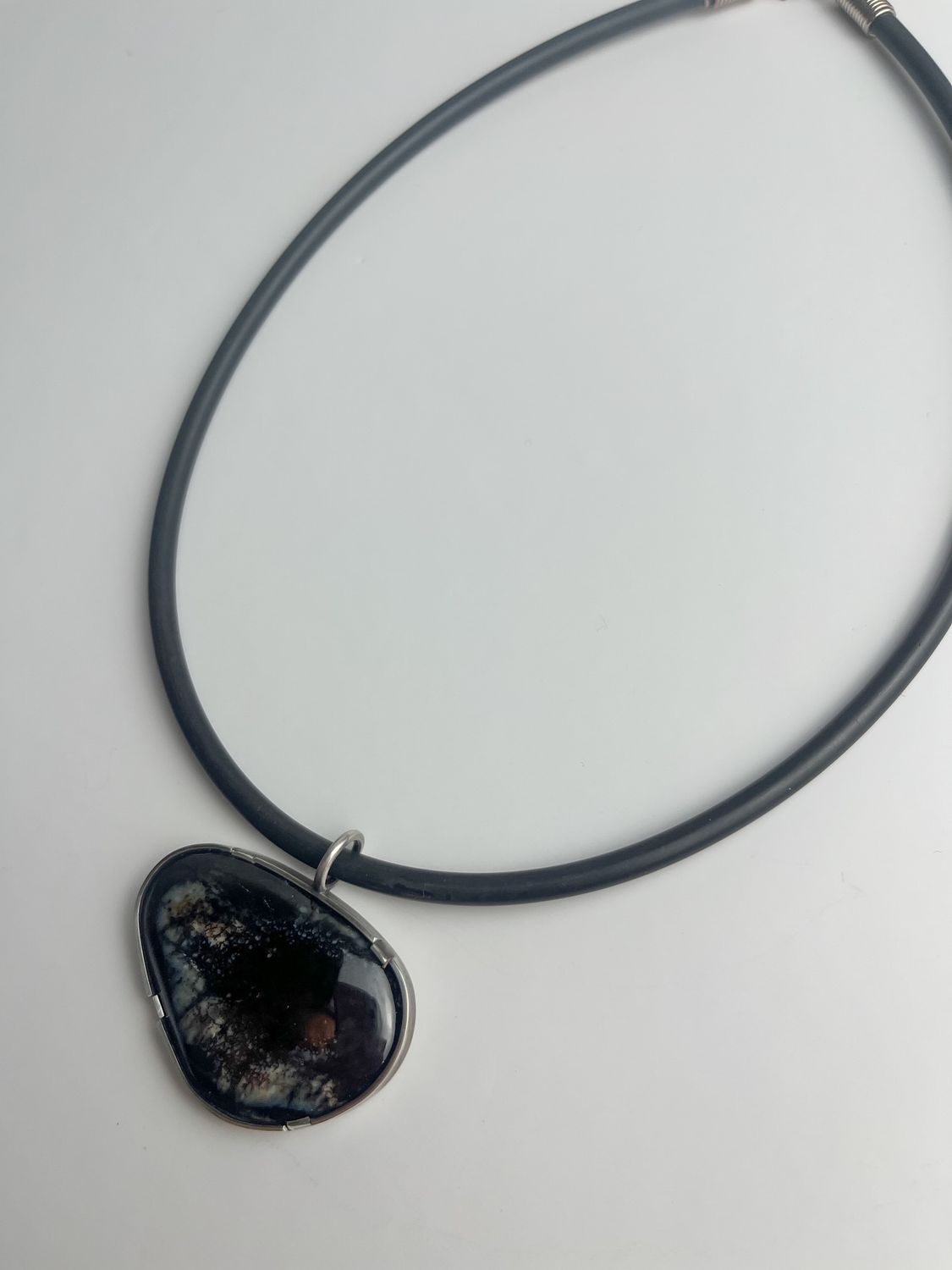 Patty Goodine Five Crows Silver Saint John New Brunswick Canada Handworks Jeweler Agatized Mammoth Bone on Neoprene Cord