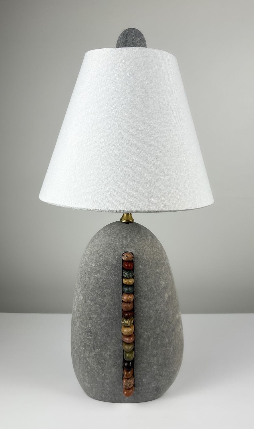 Stacked Stone Lamp with Linen Lamp Shade