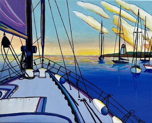 Holly McKay Saint John New Brunswick Canada Handworks Canadian Painting, Acrylic, "Sail on the River" Seascape Boat
