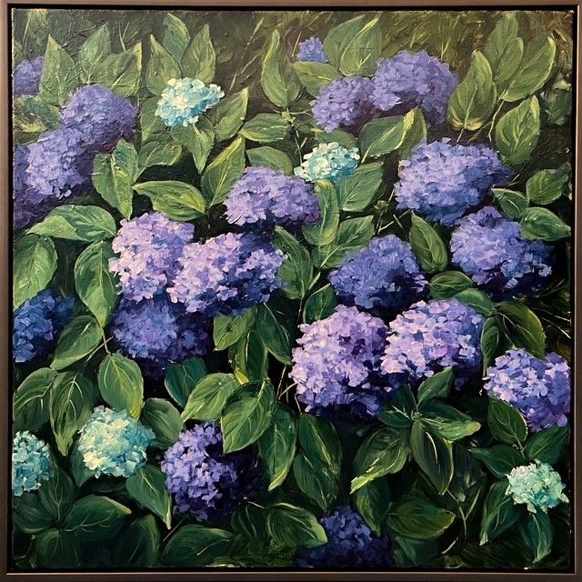"Blue Hydrangeas" 36x36" Acrylic Painting on Canvas Framed