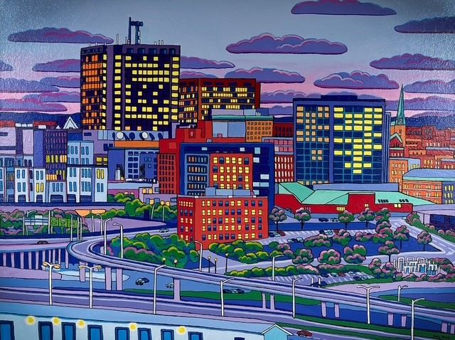 Holly McKay New Brunswick Canada Handworks Canadian Painting, Acrylic, "Evening Light in Saint John" Cityscape Uptown