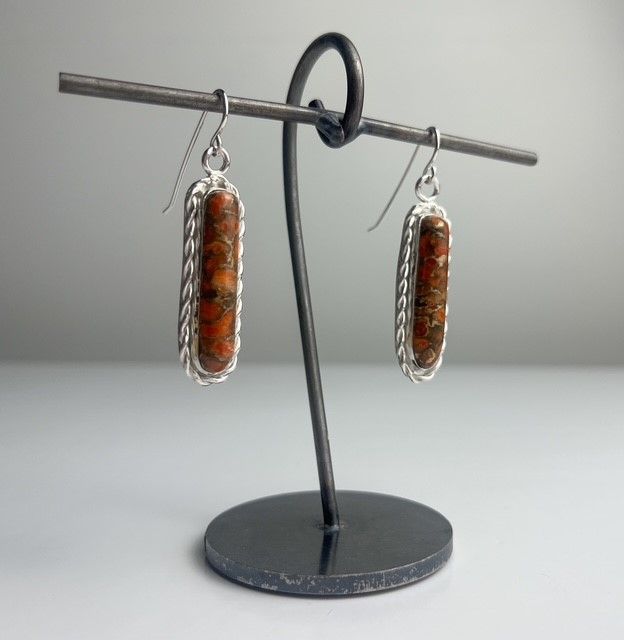 Apple Coral Matrix Long Earrings Sterling Silver