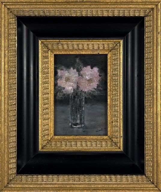 "Peonies in Glass Vase" 3x4.25" Framed Oil 8.25x9.25"