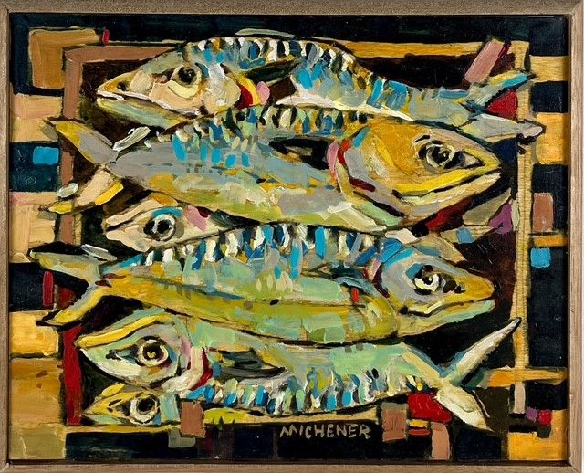 Ted Michener Saint John New Brunswick Canada Handworks Canadian Painting, Oil, "Fish Composition 4" Framed