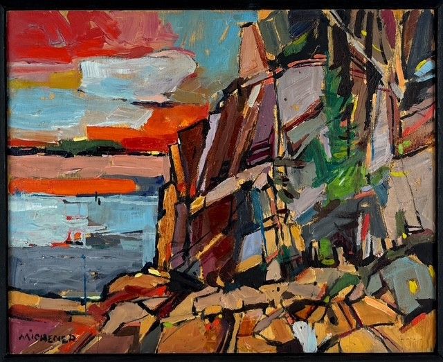 Ted Michener Saint John New Brunswick Canada Handworks Canadian Painting, Oil, "Shore Cliff" Seascape Framed