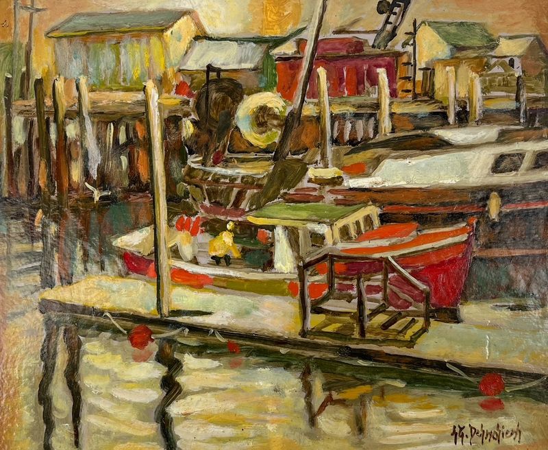 Jean-Guy Desrosiers Saint John New Brunswick Canada Handworks Canadian Quebec Oil Painter Landscape Framed Fishing Boat Dock 