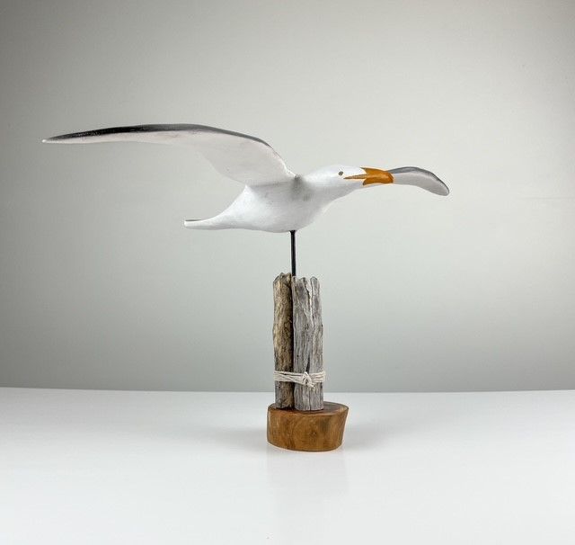 Wooden Seagull Sculpture on Pilling's 10x20x10"