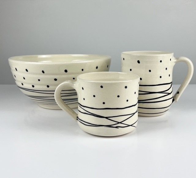 White &amp; Black Polka Dot with Lines Pottery Collection