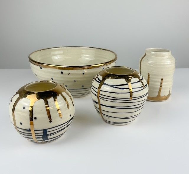 Gold White & Black Polka Dot with Lines Pottery Collection