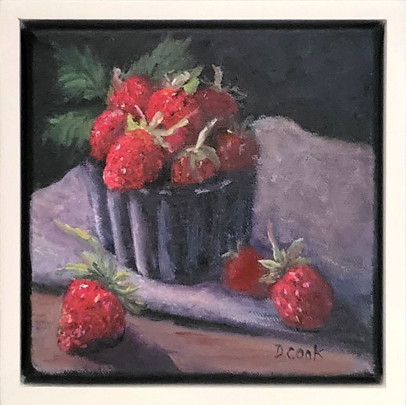 "Strawberries in Blue Cup" Still Life 6x6x1.5" Oil Framed 7x7x2"
