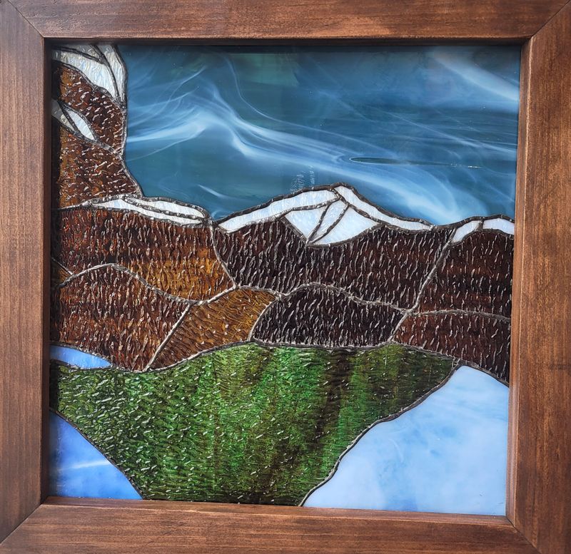 Denis Eve Saint John New Brunswick Canada Handworks Canadian Stained Glass Framed Landscape Mountain Lake Snow Rockies Duck