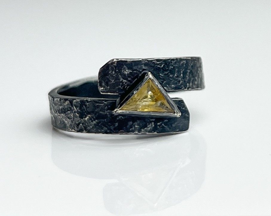 Yellow Triangular Sapphire Oxidized Sterling Silver Size 7.25