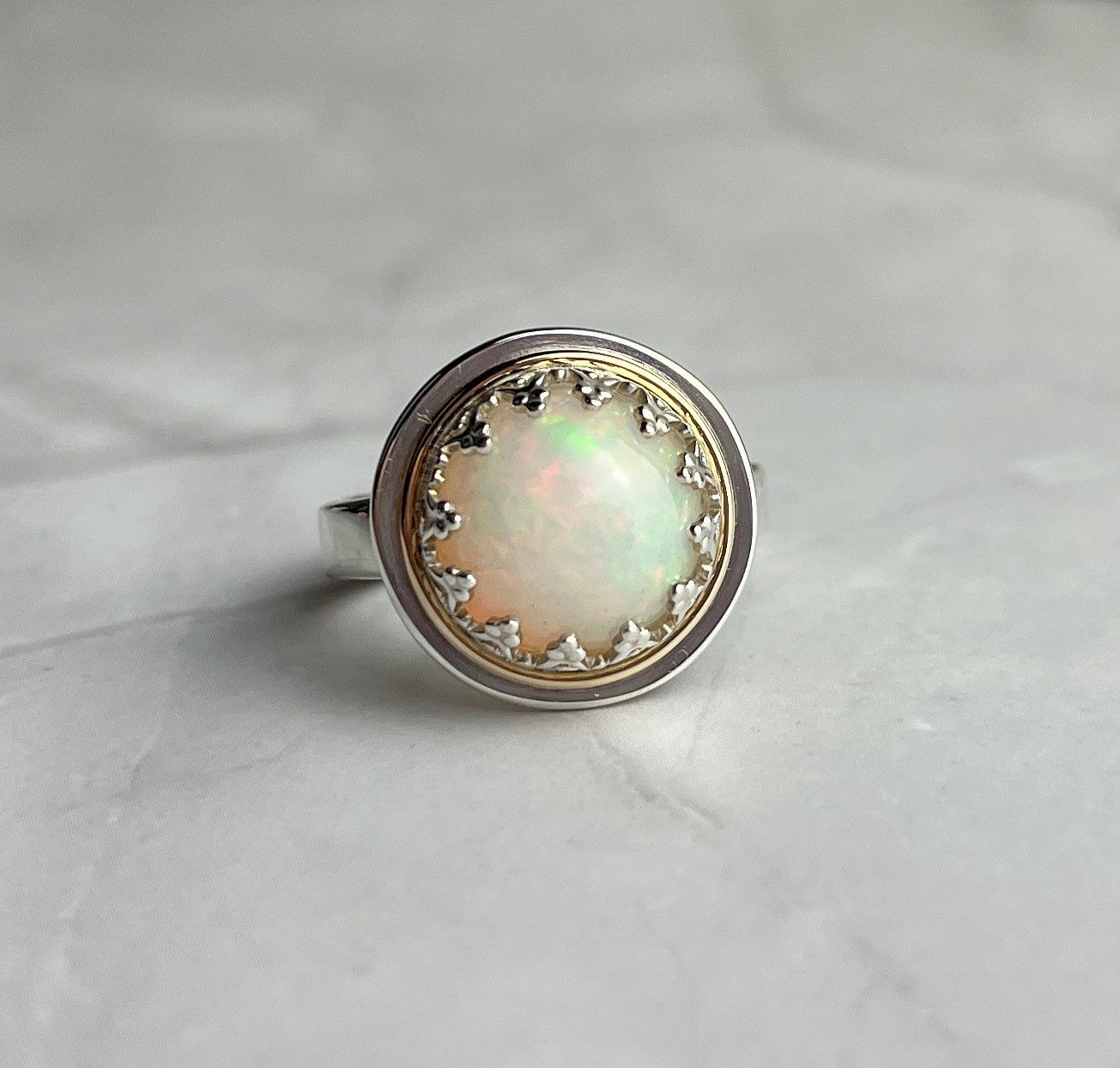 14K Yellow Gold &amp; Sterling Silver Opal Ring Size 6.75