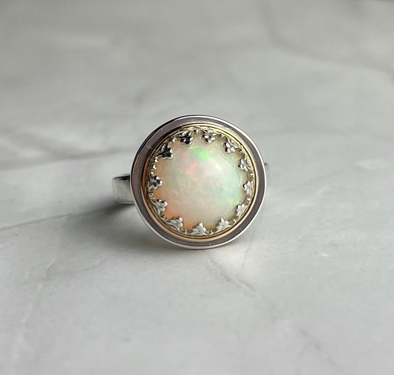 14K Yellow Gold & Sterling Silver Opal Ring Size 6.75