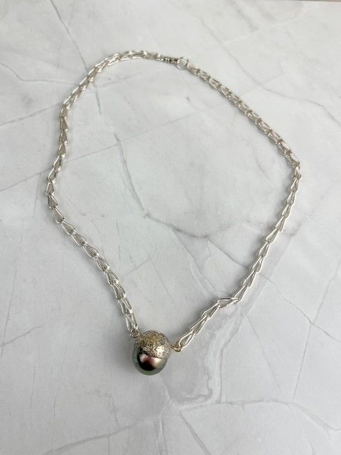 Tahitian Pearl Necklace SS 14K Gold Cast from Acorn Pod