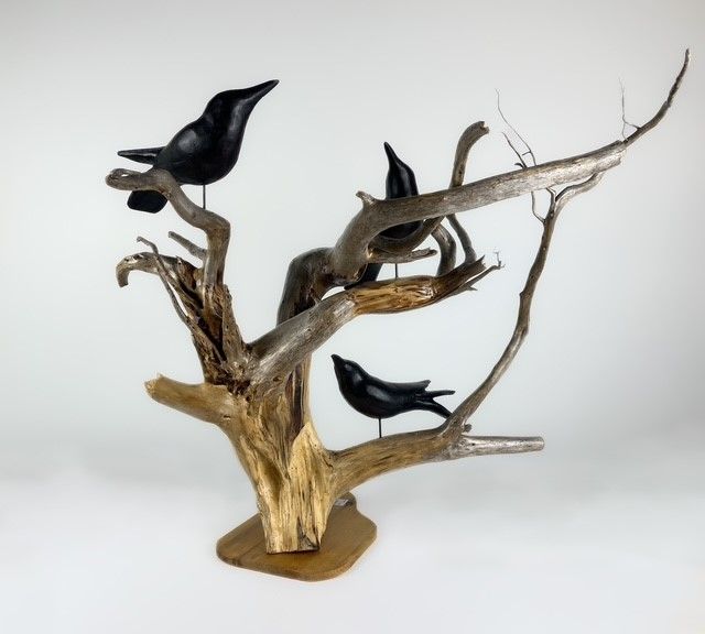 &quot;Family Tree&quot; 3 Crows on Driftwood 26x31x19&quot; Sculpture