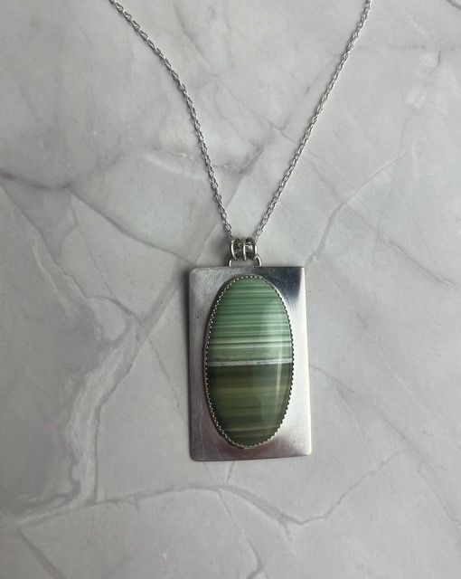 Lined Green Opal, Green White Oval on Rectangle  18&quot; Pendant