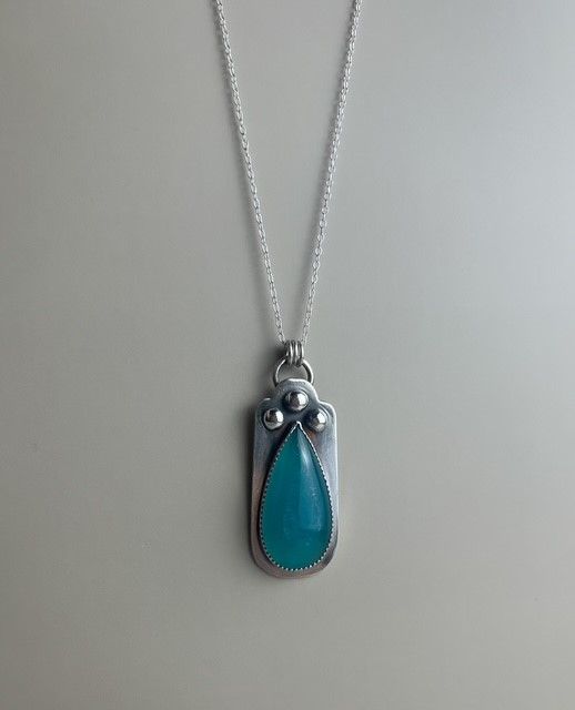 Gemmy Amazonite Teal Teardrop on Rectangle with Balls  SS 18&quot; Pendant