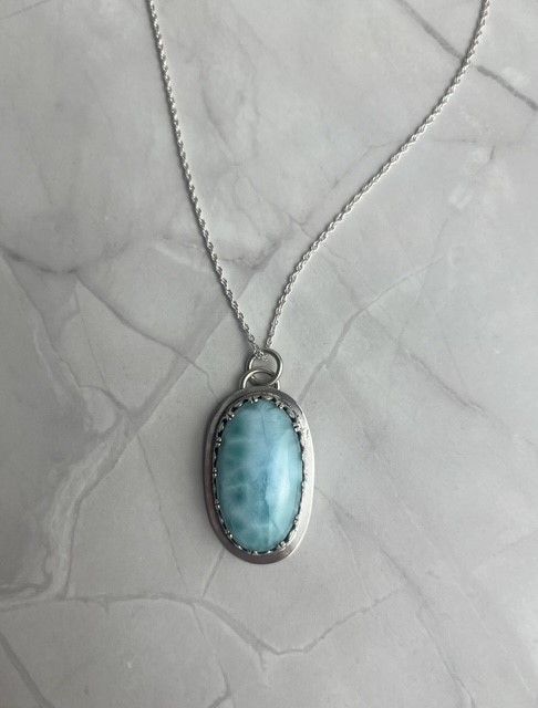 Larimar Light Turquoise Oval with Fancy Becel SS 18&quot; Pendant