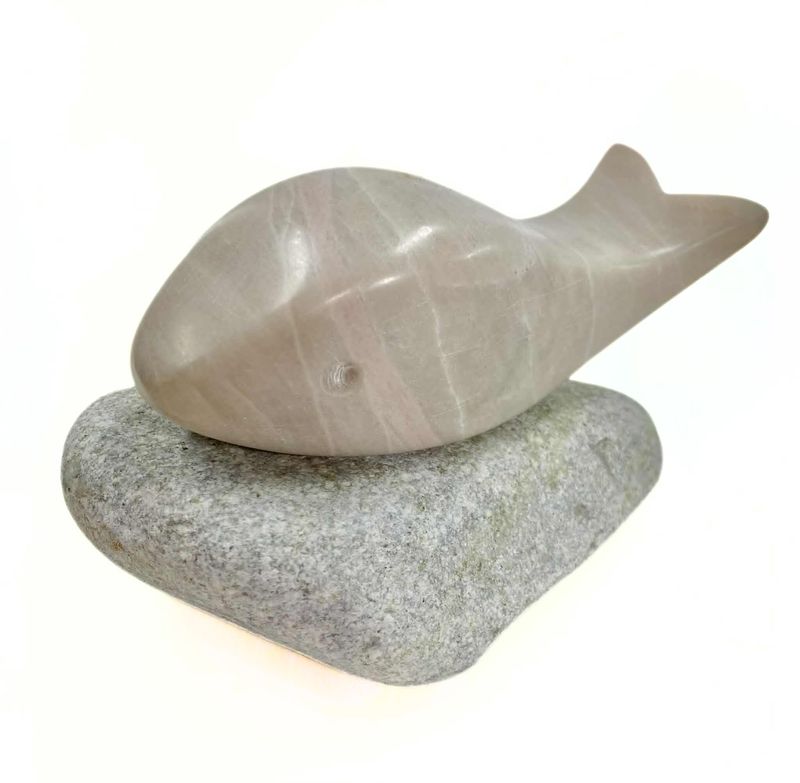 "Just a Little Fish" Soapstone Sculpture on Local Beachstone Base 3.5x6x4.5"