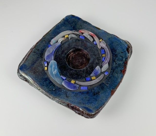 Raku Tealight Holder with Glass Inlay
