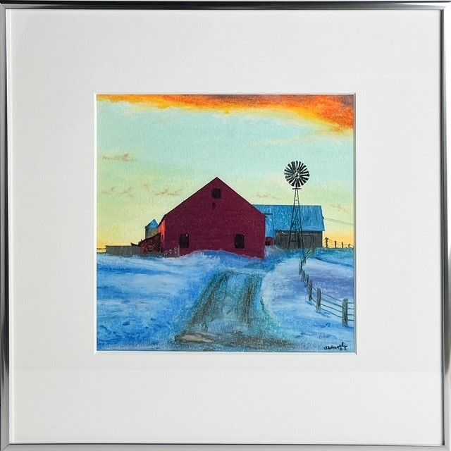 "Red Barn" 8x8" Oil Pastel Framed 13.25x13.25"