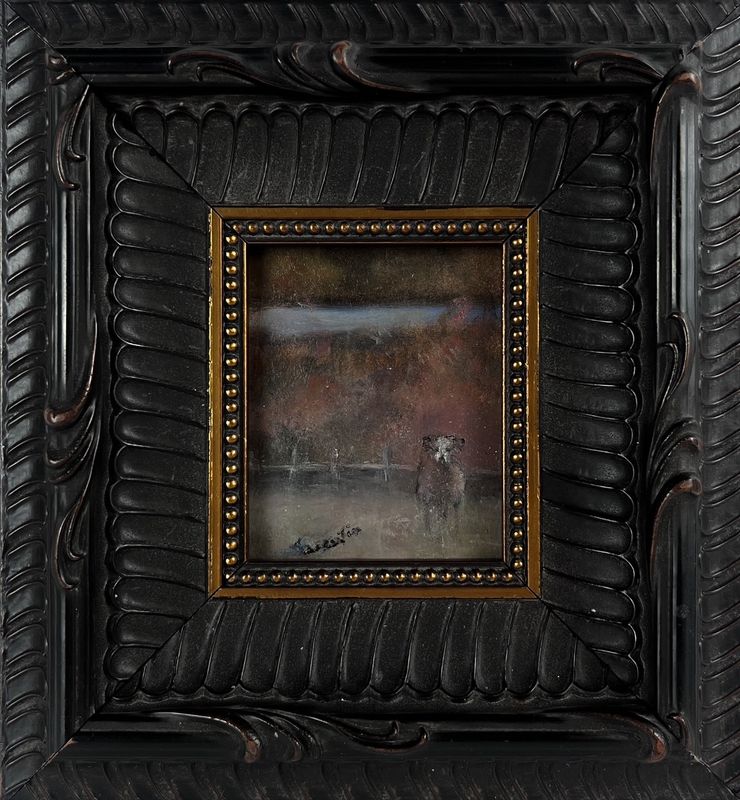 "Lone Cow" 2.25x2.75" Oil Framed 7.15x6.25"