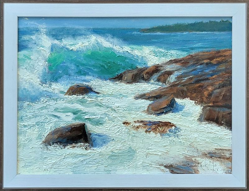 "Rocky Seascape" Oil on Canvas 10.3x13.3" Framed