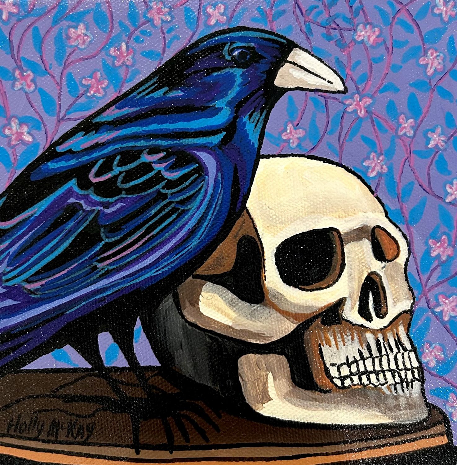 "Raven and the Skull" 6x6" Acrylic Painting