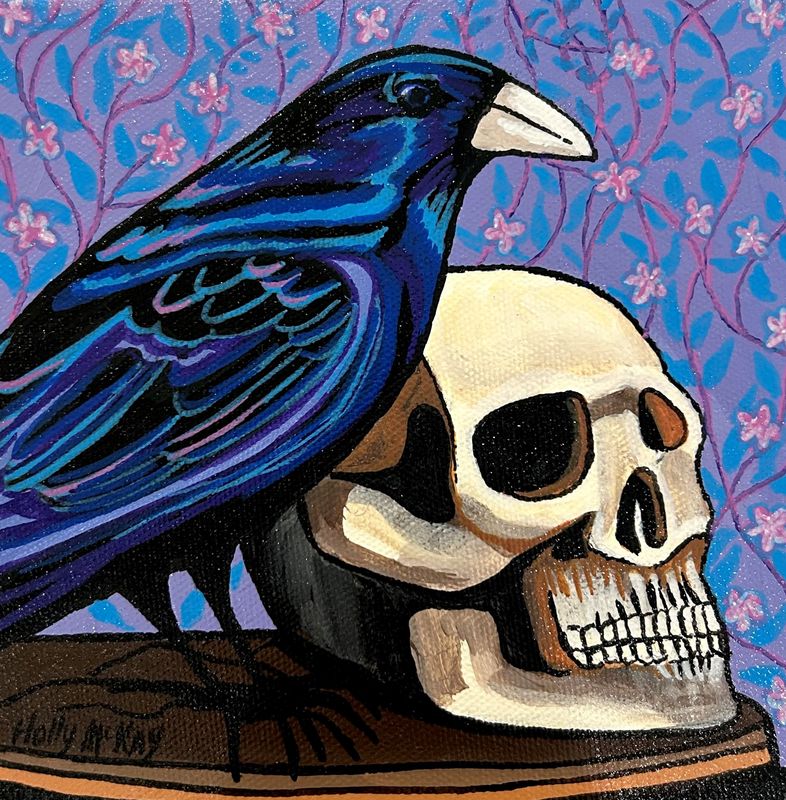 "Raven and the Skull" 6x6" Acrylic Painting