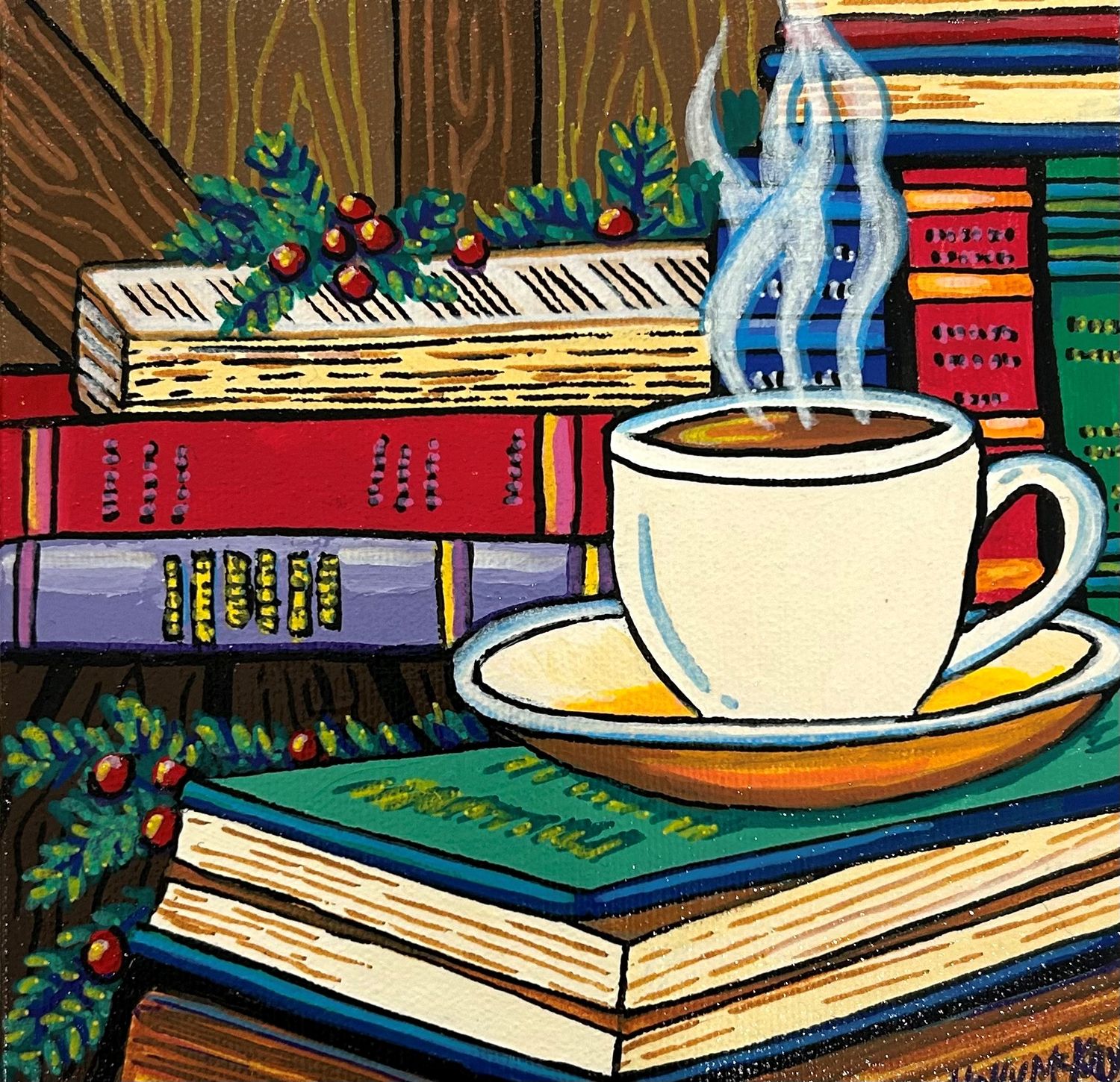"Christmas Book Nook" 6x6" Acrylic Painting