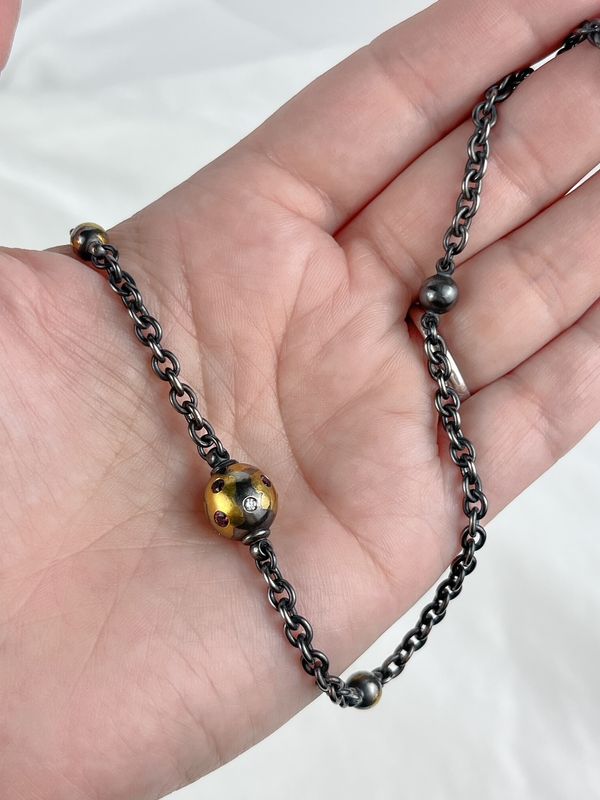 5 Node Necklace  22"  with Large Chain 24k Keum-boo, 8 Berry Sapphires, 3 Diamonds