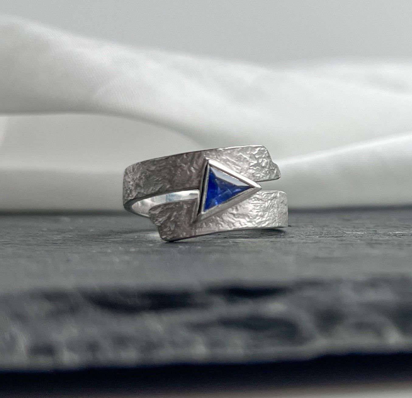 Spiral Ring with Blue Triangular Sapphire Sterling Silver, Size 6.75