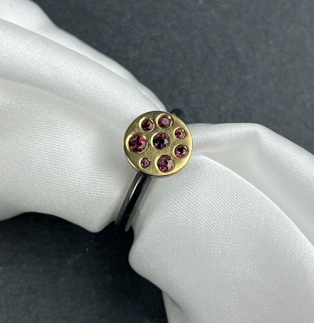 Large Oxidized Ring with 18K Gold Top Set with 8 Berry Sapphires of Varying Sizes, Size 7.5 Large Oxidized Ring with 18K Gold Top Set with 8 Berry Sapphires of Varying Sizes, Size 7.5