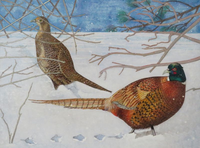 "Winter Pheasants II" 18x24" Original Mixed Media on Wood Canvas