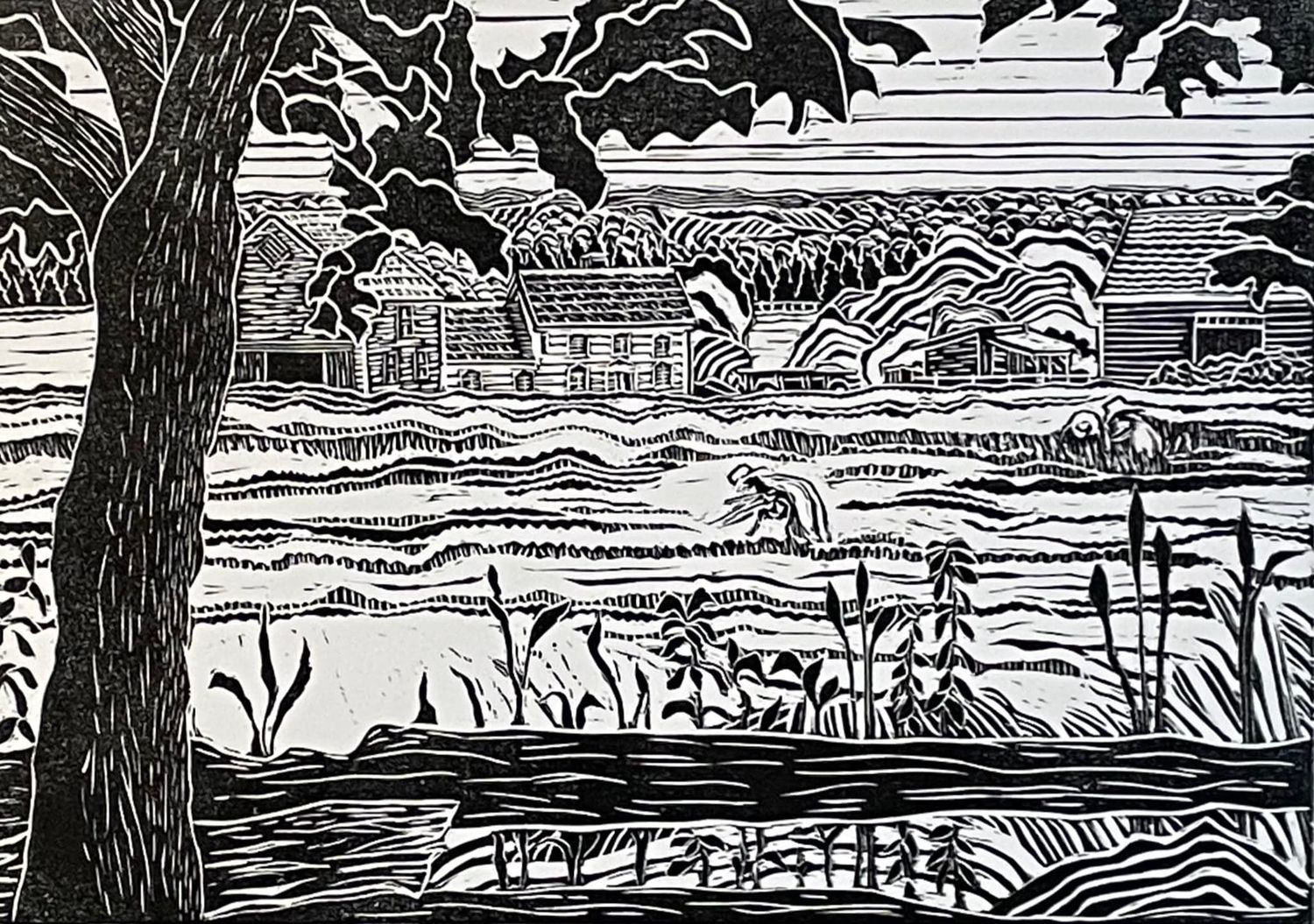 "Harvest Time" 2/10 Linocut on 100% Cotton Magnani Pescia Paper Matted (Not Framed) 11.75x8.25"